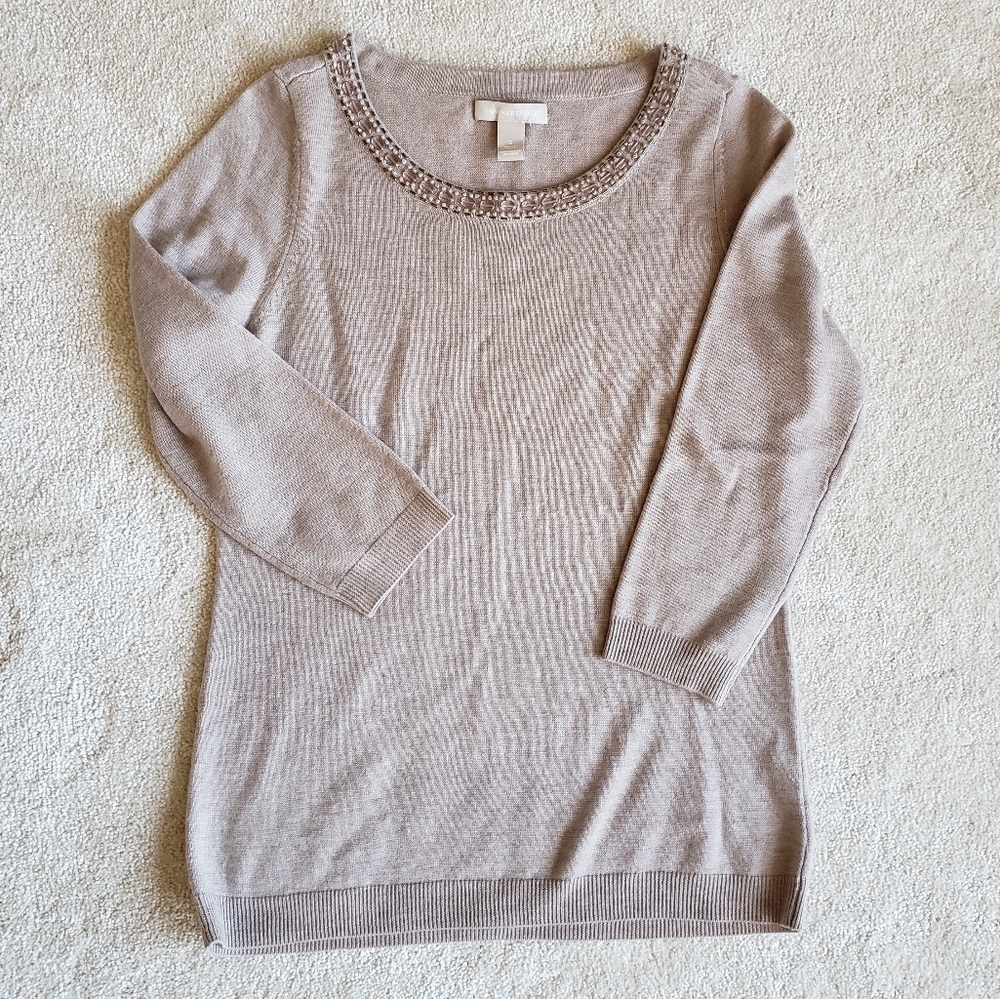Banana Republic Women’s Sweater Small Wool Blend Beaded Tan 3/4 Sleeve Romantic